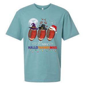 Happy Hallothanksmas Football Halloween Thanksgiving Xmas Sueded Cloud Jersey T-Shirt