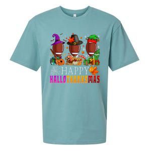 Happy Hallothanksmas Football Halloween Thanksgiving Xmas Gift Sueded Cloud Jersey T-Shirt