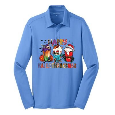 Happy Hallothanksmas Funny Halloween Thanksgiving Christmas Silk Touch Performance Long Sleeve Polo