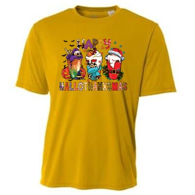 Happy Hallothanksmas Funny Halloween Thanksgiving Christmas Cooling Performance Crew T-Shirt