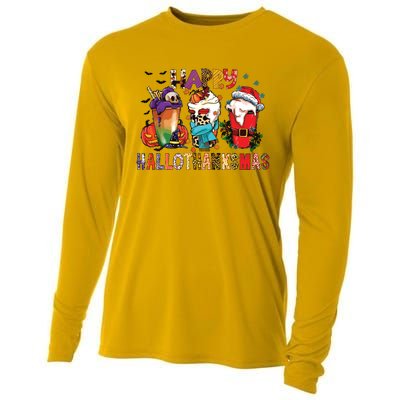 Happy Hallothanksmas Funny Halloween Thanksgiving Christmas Cooling Performance Long Sleeve Crew