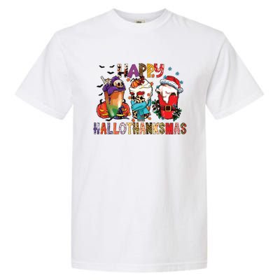 Happy Hallothanksmas Funny Halloween Thanksgiving Christmas Garment-Dyed Heavyweight T-Shirt