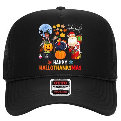 Happy Hallothanksmas Funny Halloween Thanksgiving Christmas High Crown Mesh Back Trucker Hat