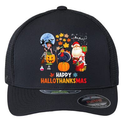 Happy Hallothanksmas Funny Halloween Thanksgiving Christmas Flexfit Unipanel Trucker Cap