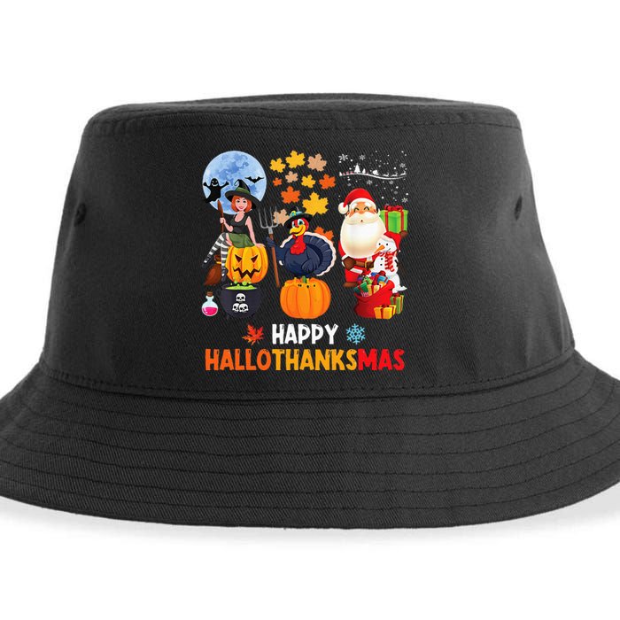 Happy Hallothanksmas Funny Halloween Thanksgiving Christmas Sustainable Bucket Hat