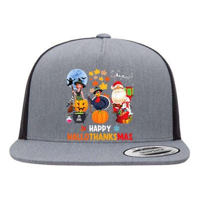 Happy Hallothanksmas Funny Halloween Thanksgiving Christmas Flat Bill Trucker Hat