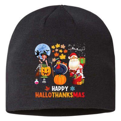 Happy Hallothanksmas Funny Halloween Thanksgiving Christmas Sustainable Beanie