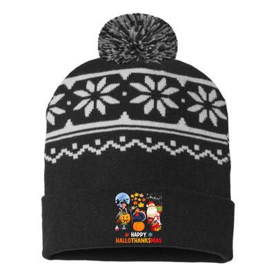 Happy Hallothanksmas Funny Halloween Thanksgiving Christmas USA-Made Snowflake Beanie