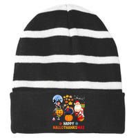 Happy Hallothanksmas Funny Halloween Thanksgiving Christmas Striped Beanie with Solid Band