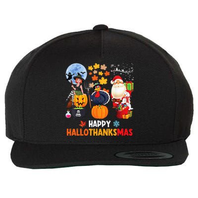 Happy Hallothanksmas Funny Halloween Thanksgiving Christmas Wool Snapback Cap