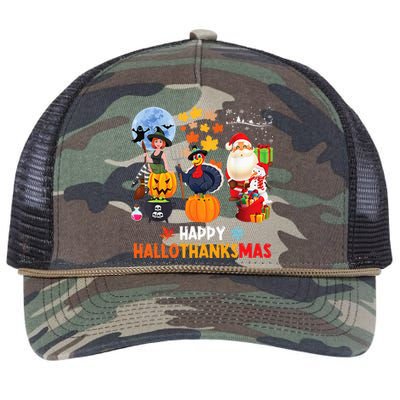 Happy Hallothanksmas Funny Halloween Thanksgiving Christmas Retro Rope Trucker Hat Cap