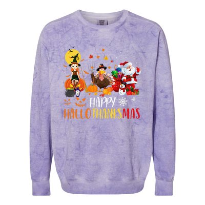 Happy Hallothanksmas Funny Halloween Thanksgiving Christmas Colorblast Crewneck Sweatshirt