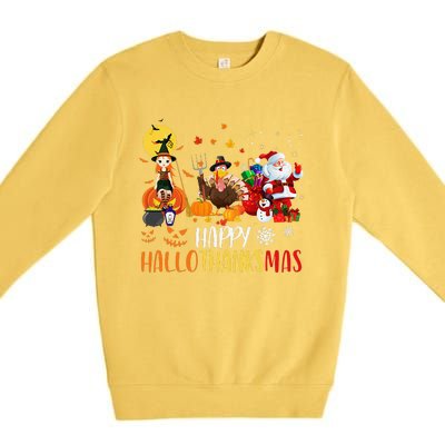 Happy Hallothanksmas Funny Halloween Thanksgiving Christmas Premium Crewneck Sweatshirt