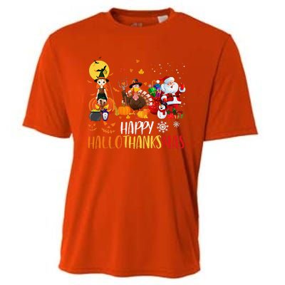 Happy Hallothanksmas Funny Halloween Thanksgiving Christmas Cooling Performance Crew T-Shirt