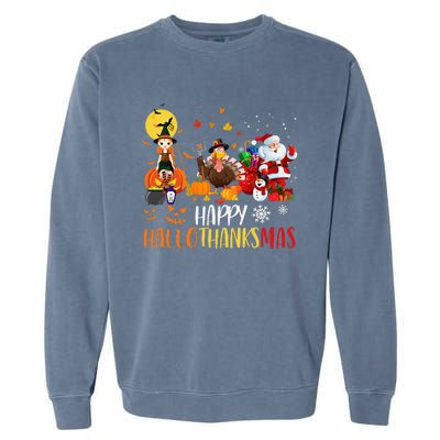 Happy Hallothanksmas Funny Halloween Thanksgiving Christmas Garment-Dyed Sweatshirt