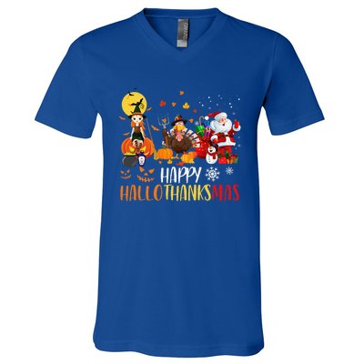 Happy Hallothanksmas Funny Halloween Thanksgiving Christmas V-Neck T-Shirt