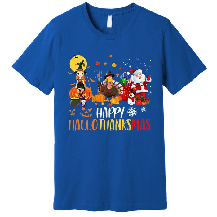 Happy Hallothanksmas Funny Halloween Thanksgiving Christmas Premium T-Shirt