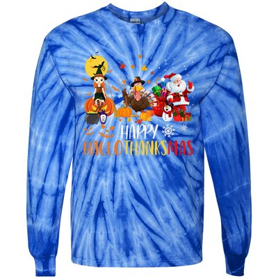 Happy Hallothanksmas Funny Halloween Thanksgiving Christmas Tie-Dye Long Sleeve Shirt