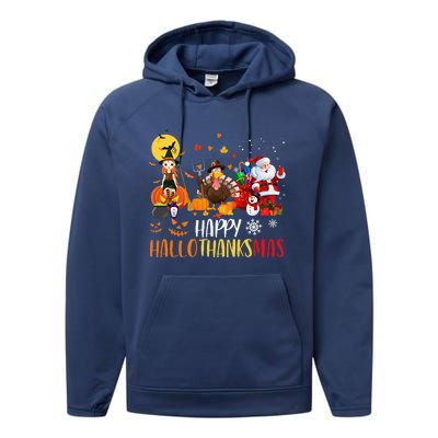 Happy Hallothanksmas Funny Halloween Thanksgiving Christmas Performance Fleece Hoodie