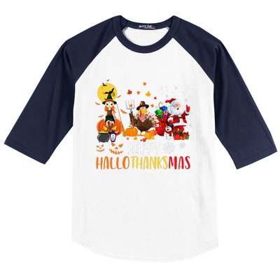 Happy Hallothanksmas Funny Halloween Thanksgiving Christmas Baseball Sleeve Shirt