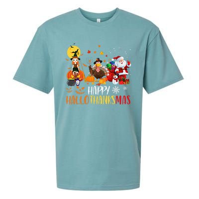 Happy Hallothanksmas Funny Halloween Thanksgiving Christmas Sueded Cloud Jersey T-Shirt