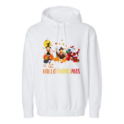 Happy Hallothanksmas Funny Halloween Thanksgiving Christmas Garment-Dyed Fleece Hoodie