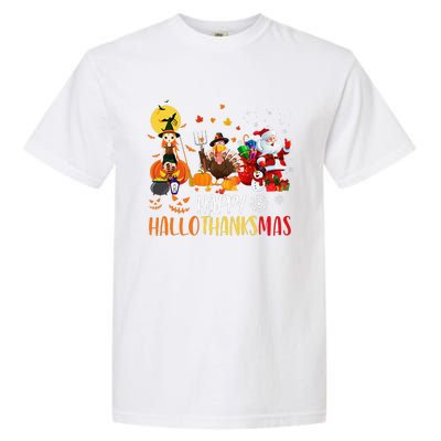 Happy Hallothanksmas Funny Halloween Thanksgiving Christmas Garment-Dyed Heavyweight T-Shirt