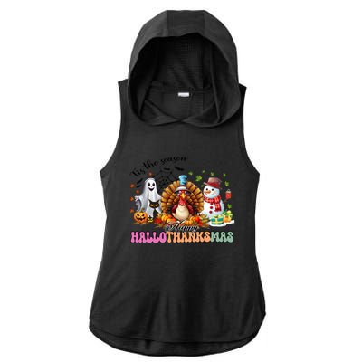 Happy Hallothanksmas Funny Halloween Thanksgiving Christmas Ladies PosiCharge Tri-Blend Wicking Draft Hoodie Tank