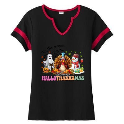 Happy Hallothanksmas Funny Halloween Thanksgiving Christmas Ladies Halftime Notch Neck Tee