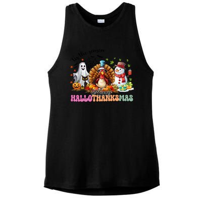 Happy Hallothanksmas Funny Halloween Thanksgiving Christmas Ladies PosiCharge Tri-Blend Wicking Tank