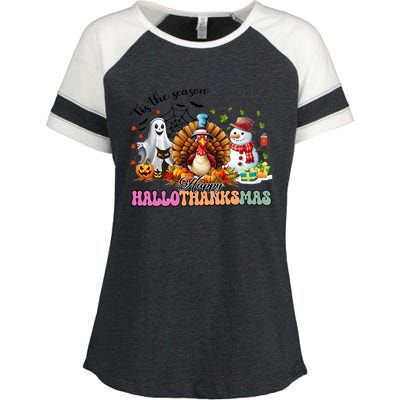 Happy Hallothanksmas Funny Halloween Thanksgiving Christmas Enza Ladies Jersey Colorblock Tee