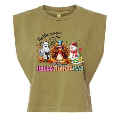 Happy Hallothanksmas Funny Halloween Thanksgiving Christmas Garment-Dyed Women's Muscle Tee