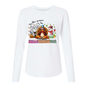 Happy Hallothanksmas Funny Halloween Thanksgiving Christmas Womens Cotton Relaxed Long Sleeve T-Shirt