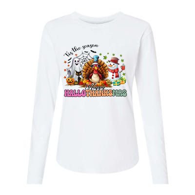 Happy Hallothanksmas Funny Halloween Thanksgiving Christmas Womens Cotton Relaxed Long Sleeve T-Shirt