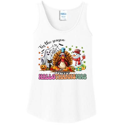 Happy Hallothanksmas Funny Halloween Thanksgiving Christmas Ladies Essential Tank