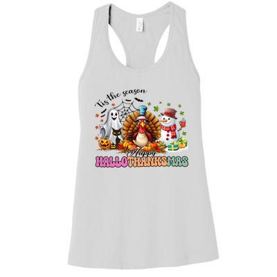 Happy Hallothanksmas Funny Halloween Thanksgiving Christmas Women's Racerback Tank