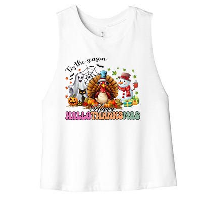 Happy Hallothanksmas Funny Halloween Thanksgiving Christmas Women's Racerback Cropped Tank