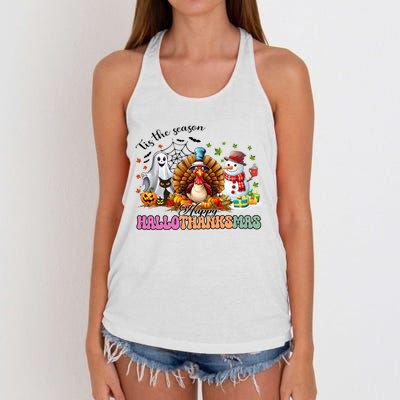 Happy Hallothanksmas Funny Halloween Thanksgiving Christmas Women's Knotted Racerback Tank