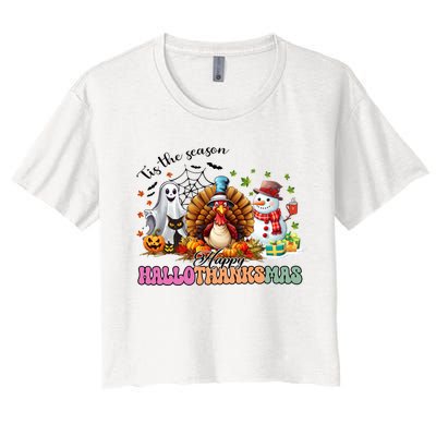 Happy Hallothanksmas Funny Halloween Thanksgiving Christmas Women's Crop Top Tee