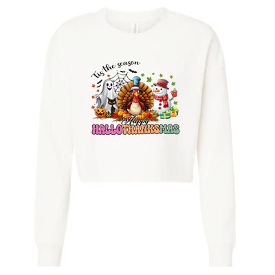 Happy Hallothanksmas Funny Halloween Thanksgiving Christmas Cropped Pullover Crew