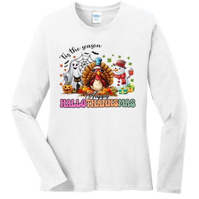 Happy Hallothanksmas Funny Halloween Thanksgiving Christmas Ladies Long Sleeve Shirt