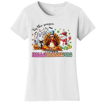 Happy Hallothanksmas Funny Halloween Thanksgiving Christmas Women's T-Shirt