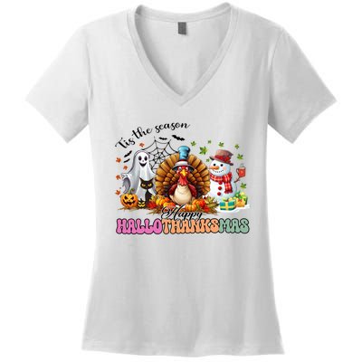 Happy Hallothanksmas Funny Halloween Thanksgiving Christmas Women's V-Neck T-Shirt