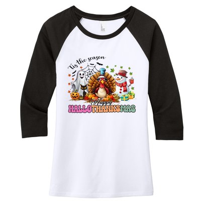 Happy Hallothanksmas Funny Halloween Thanksgiving Christmas Women's Tri-Blend 3/4-Sleeve Raglan Shirt