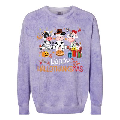 Happy Hallothanksmas Funny Santa Cow Halloween Thanksgiving Colorblast Crewneck Sweatshirt