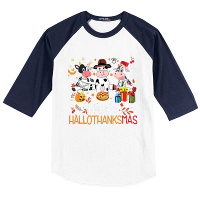 Happy Hallothanksmas Funny Santa Cow Halloween Thanksgiving Baseball Sleeve Shirt