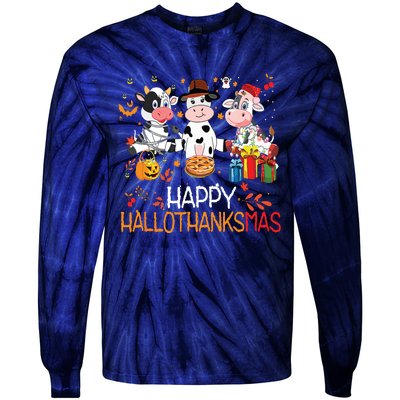 Happy Hallothanksmas Funny Santa Cow Halloween Thanksgiving Tie-Dye Long Sleeve Shirt