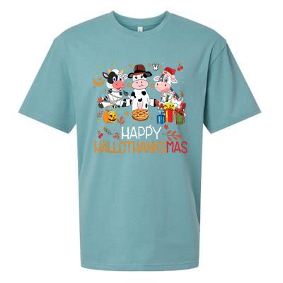 Happy Hallothanksmas Funny Santa Cow Halloween Thanksgiving Sueded Cloud Jersey T-Shirt