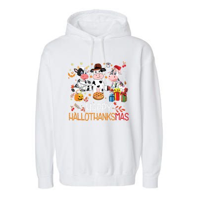 Happy Hallothanksmas Funny Santa Cow Halloween Thanksgiving Garment-Dyed Fleece Hoodie