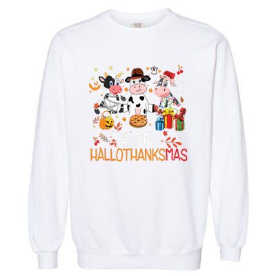 Happy Hallothanksmas Funny Santa Cow Halloween Thanksgiving Garment-Dyed Sweatshirt